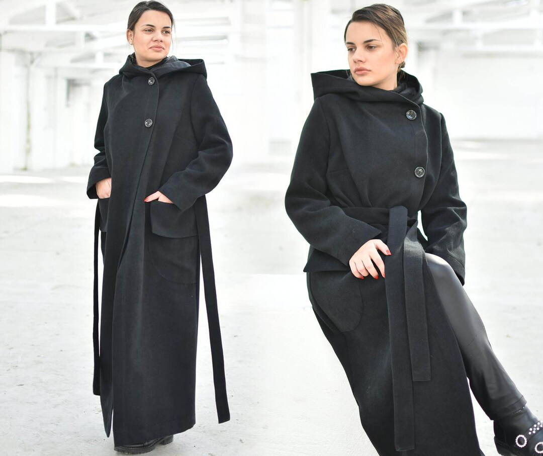 Black Hooded Wool Coat, Belted Maxi Coat, Warm Winter Coat, Long Gothic