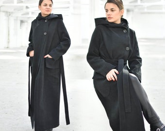 Black Hooded Wool Coat, Belted Maxi Coat, Warm Winter Coat, Long Gothic Coat, Ankle Length Coat, Steampunk Overcoat with Lining