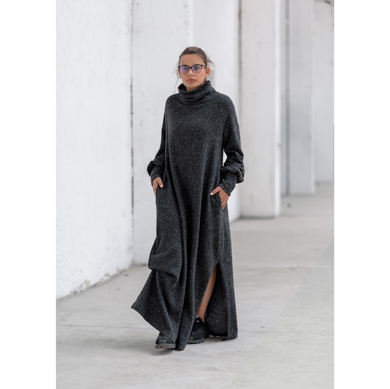Wool Sweater Maxi Dress, Warm Turtleneck Dress, Loose Winter Dress, Long Minimalist Dress, Plus Size Dress, Slit Dress Women, Baggy Dress