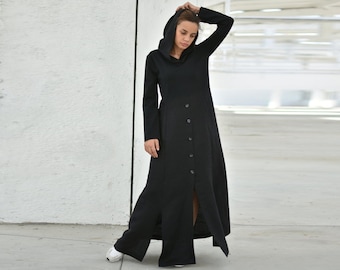 Black Maxi Hooded Dress, Women Sweatshirt Dress, Gothic Dress, Plus Size Clothing, Loose Dress, Long Sleeve Dress With Pockets, Winter Dress