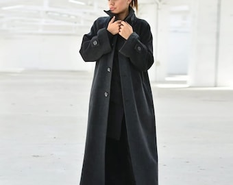 新品未使用 ウール100% コート フード付き ブラック オーバーサイズ ブラックフード付きウールコート、暖かい冬用マキシ丈オーバーコート