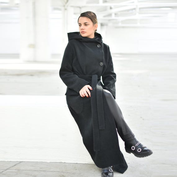 ブラックフード付きウールコート、暖かい冬用マキシ丈オーバーコート