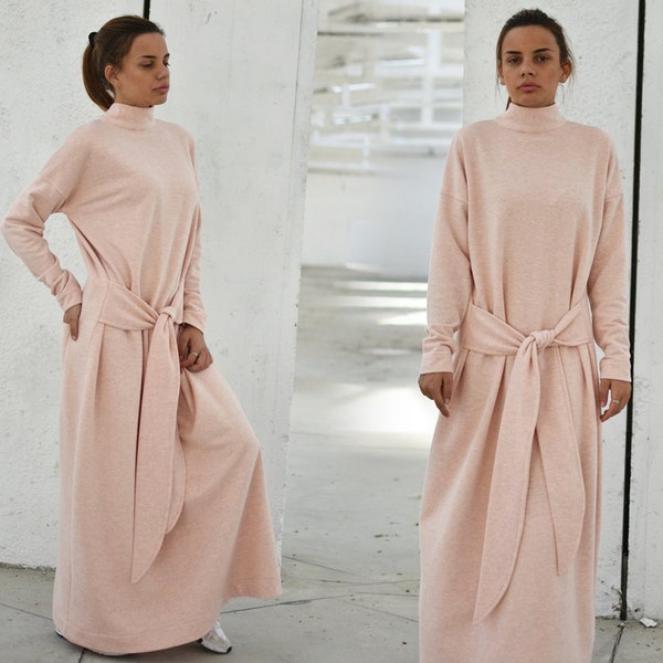 Long Peach Dress, Maxi Dress With Belt, High Neck Dress, Plus Size Clothing, Turtleneck Dress, Loose Fit Multiway Dress, Women Kaftan Dress