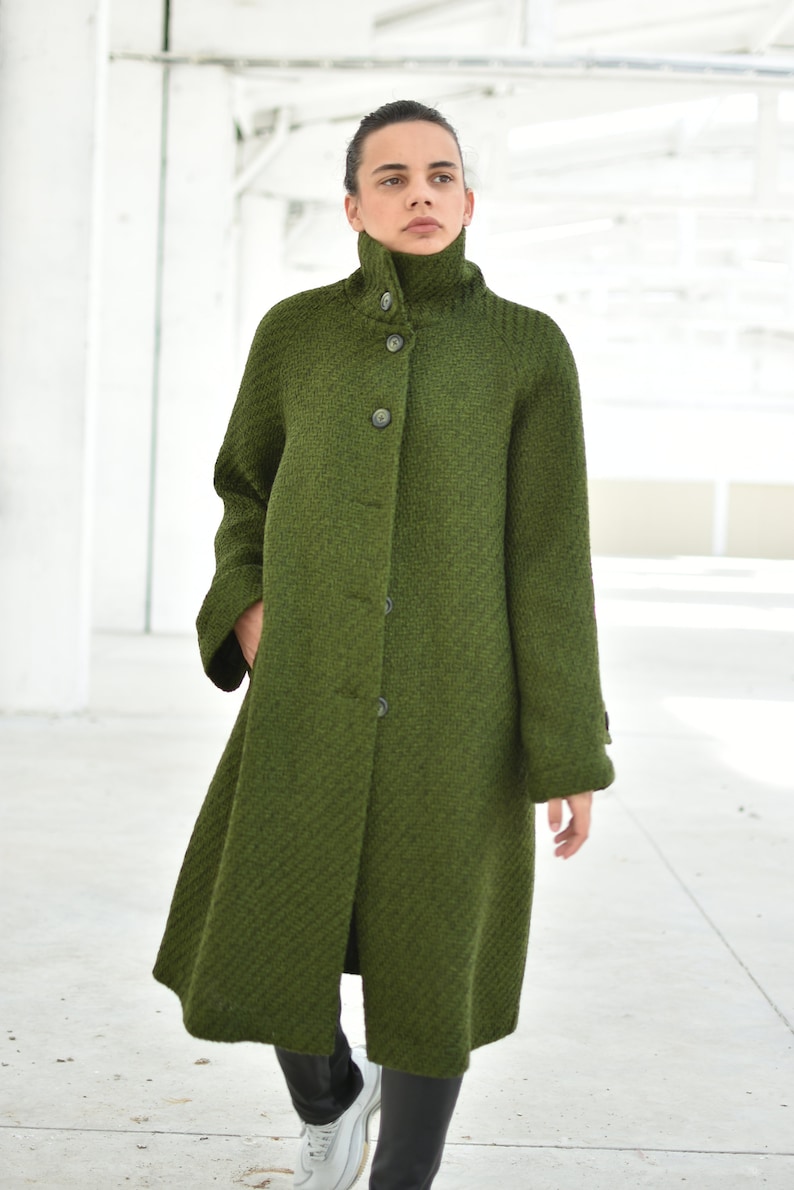 Green High Collar Wool Coat, Winter Woman Oversized Coat, Loose