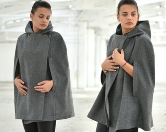 Wool Hooded Cape Coat Women, Dark Gray Poncho Coat, Elegant Cloak, Winter Cape Jacket, Loose Plus Size Cape Coat, Mid Thigh Cape