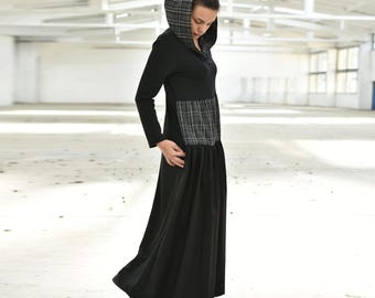 Black Hooded Maxi Dress with Plaid Detail, Avant Garde Goth Dress, Long Plus Size Long Sleeve Dress, Two Tone Modest Dress