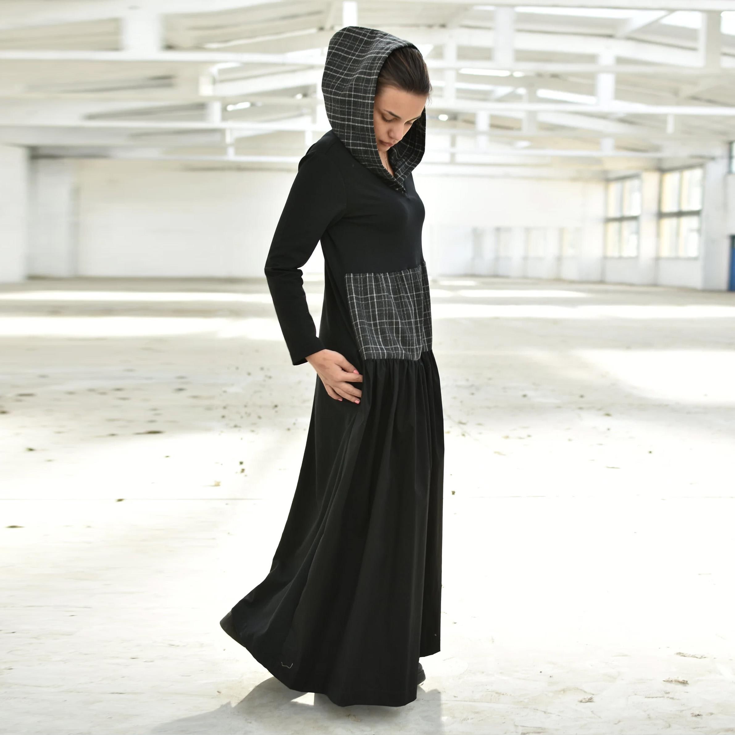 Black Hooded Maxi Dress With Plaid Detail, Avant Garde Goth Dress 