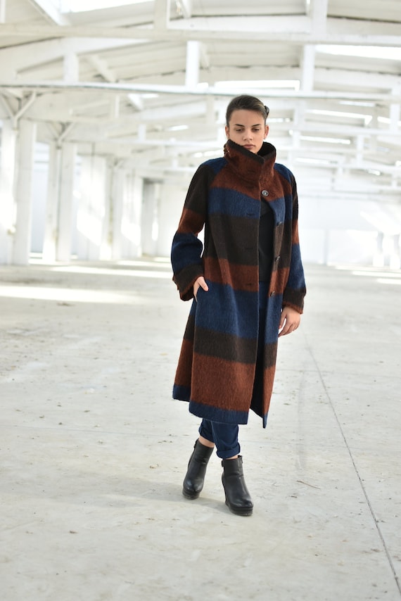 Elegant Funnel Neck Wool Long Coat, Striped Warm Winter Midi Women 