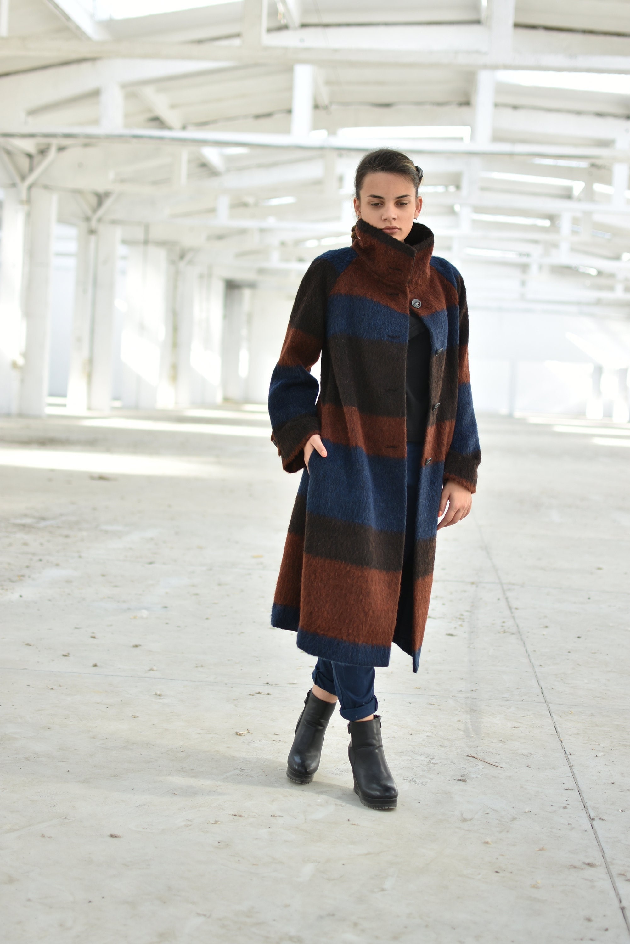 Stripe Wool Coat, Warm Winter Coat, Long High Neck Coat, Elegant