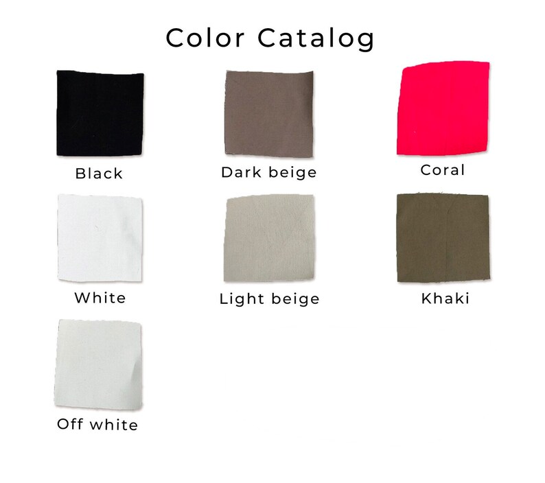 May include: Color catalog showing fabric swatches in black, white, off-white, dark beige, light beige, coral, and khaki.