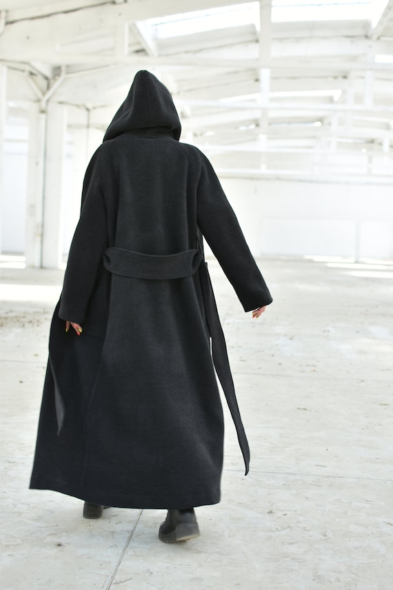 Long Black Wool Coat, Thick Warm Winter Maxi Coat, Hooded Coat