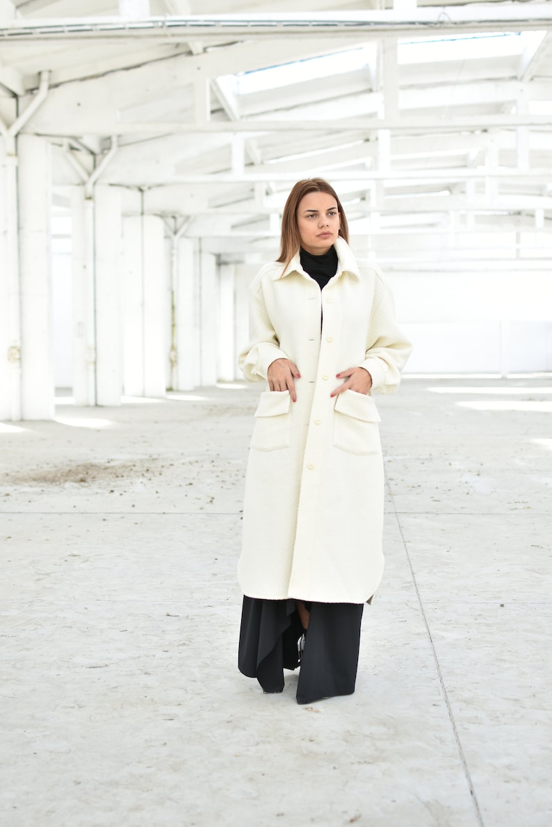 White Wool Coat Long Overcoat Shirt Collar Coat Winter Etsy