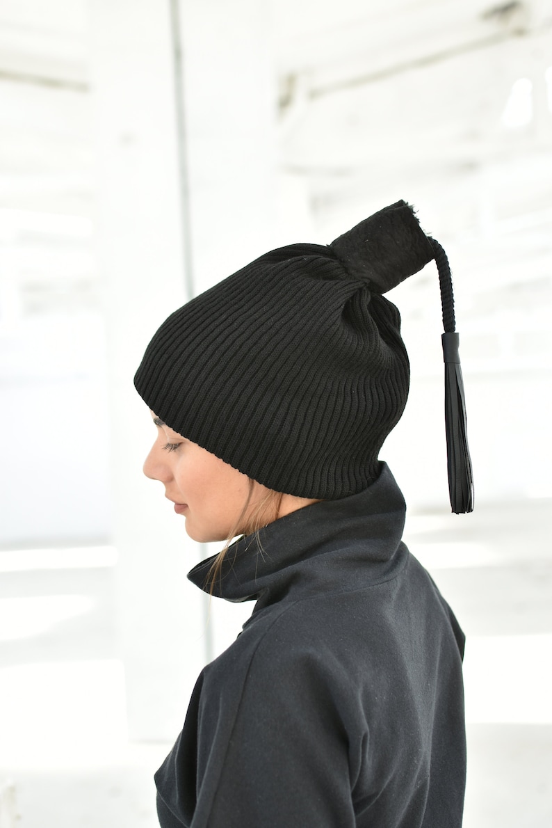 Winter Hat, Wool Tassel Hat, Avant Garde Hat, Designer Accessories, Futuristic Hat, Wool Knit Hat, Beanie Hat, Slouchy Hat, Handmade Hat image 6