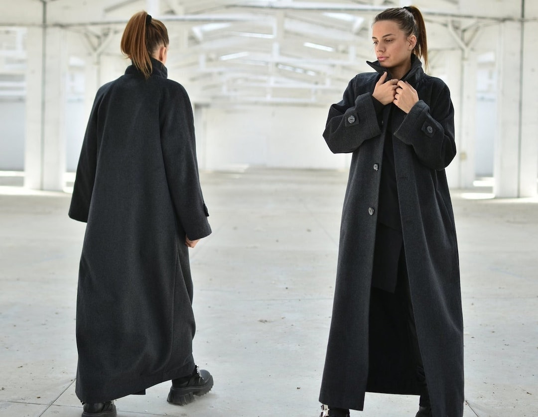 Women Maxi Coat, High Neck Wool Outerwear, Long Winter Coat With Pockets, Plus Size Clothing, Loose Ankle Coat, Front Buttons Coat - Etsy Women Maxi Coat, High Neck Wool Outerwear, Long Winter Coat With Pockets, Plus Size Clothing, Loose Ankle Coat, Front Buttons Coat - Etsy