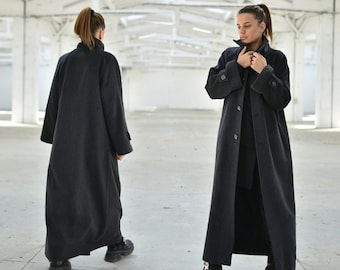 Maxi manteau pour femme, Vêtements d'extérieur à col montant en laine, Long manteau d'hiver avec poches, Vêtements grande taille, Manteau ample à la cheville, Manteau avec boutons sur le devant