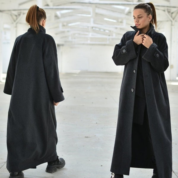 Maxi manteau pour femme, Vêtements d'extérieur à col montant en laine, Long manteau d'hiver avec poches, Vêtements grande taille, Manteau ample à la cheville, Manteau avec boutons sur le devant