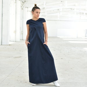 Navy Blue Linen Maxi Dress, Wedding Guest Dress, Plus Size Linen, Elegant Summer Dress, Linen Long Kaftan Dress, Criss Cross Dress, Indigo image 2