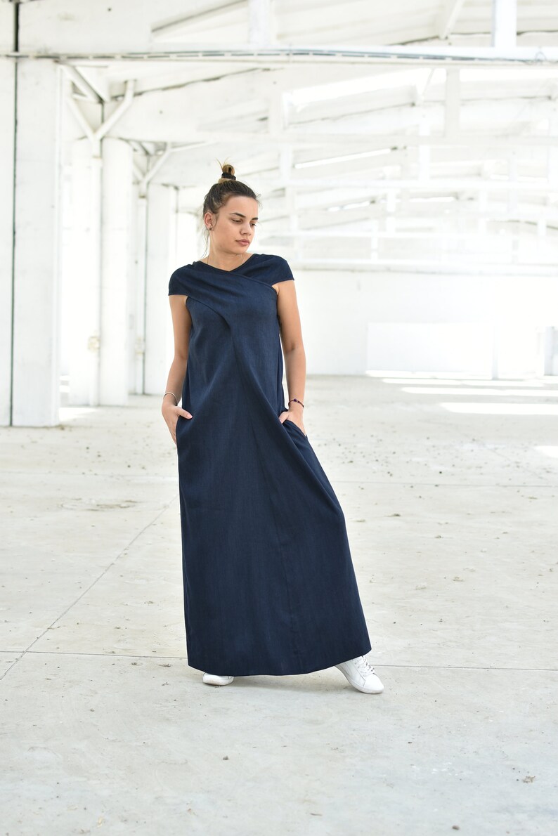 Navy Blue Linen Maxi Dress, Wedding Guest Dress, Plus Size Linen, Elegant Summer Dress, Linen Long Kaftan Dress, Criss Cross Dress, Indigo image 2