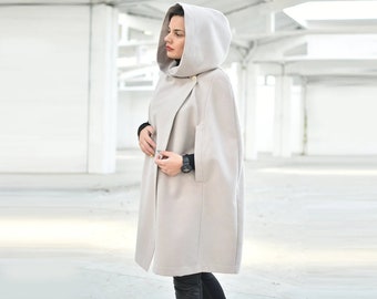 Hooded Cape Coat, Off White Poncho Cape, Oversize Cloak, Elegant Winter Cape Coat, Quiet Luxury Loose Overcoat, Plus Size Coat