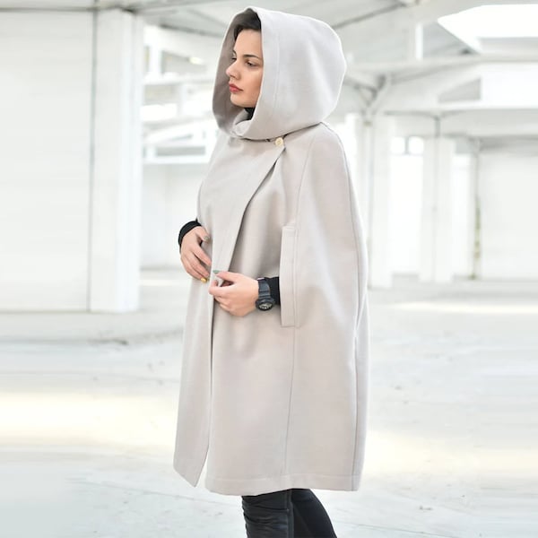 Hooded Cape Coat, Off White Poncho Cape, Oversize Cloak, Elegant Winter Cape Coat, Quiet Luxury Loose Overcoat, Plus Size Coat