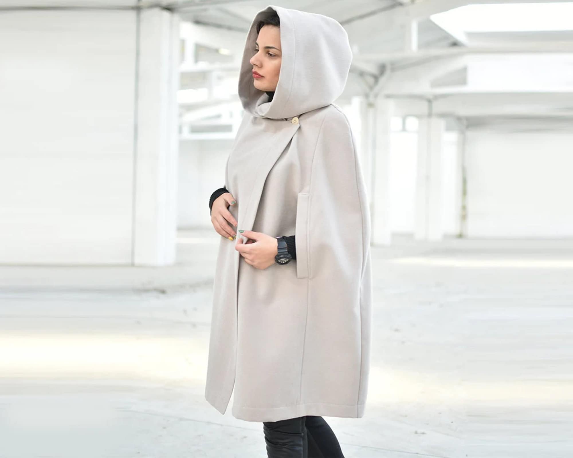 Hooded Cape Coat off White Poncho Cape Oversize Cloak 