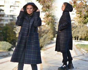 Plaid Warm Winter Coat, Hooded Wool Coat, Plus Size Clothing, Check Overcoat, Comfortable Everyday Coat, Elegant Midi Wool Jacket