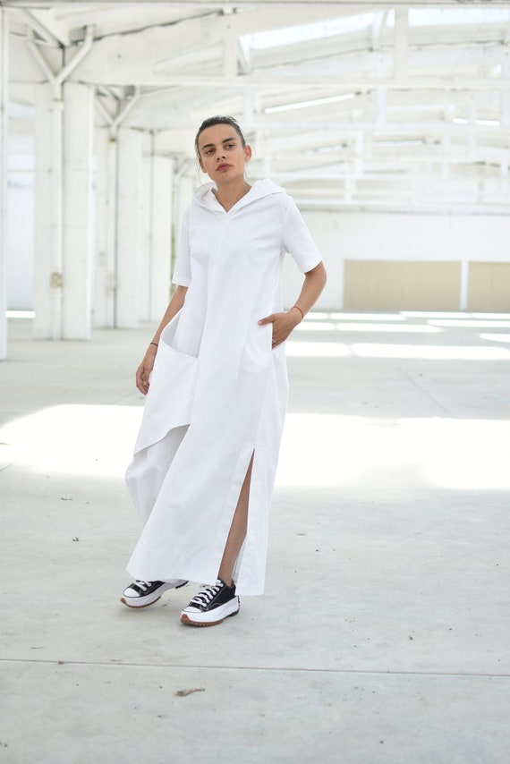 White Linen Hooded Dress With Pockets for Summer, Maxi Extravagant Avant  Garde Dress With Short Sleeves, Relaxed Shirt Dress Women, XS-4XL - Etsy  Denmark