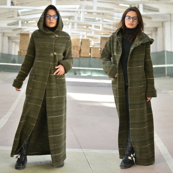 Manteau cardigan en laine à capuchon, cardigan longline vert forêt, cardigan long maxi, coatigan chaud pour femmes d’hiver, cardigan taille plus