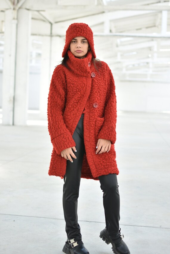 Red Mohair Coat, Winter Boucle Wool Coat, Plus Size Clothing, Streetwear Outfit, Women Winter Red Cape, High Neck Coat, Warm Jacket