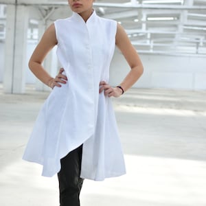 Linen Asymmetrical Top, Japanese Clothing, Summer Vest, Linen Tunic Top, Button Down Tunic, Linen Clothing, High Collar Top, Avant Garde image 3