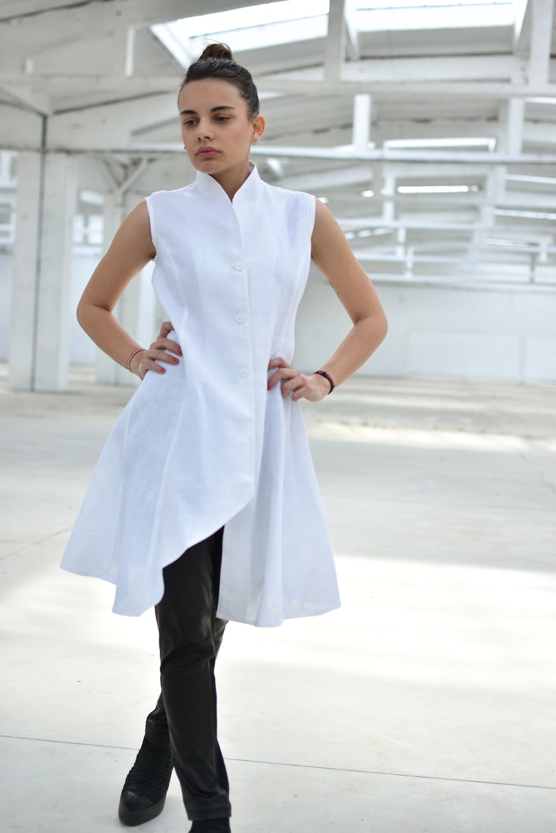 Linen Asymmetrical Top, Japanese Clothing, Summer Vest, Linen Tunic Top, Button Down Tunic, Linen Clothing, High Collar Top, Avant Garde image 3