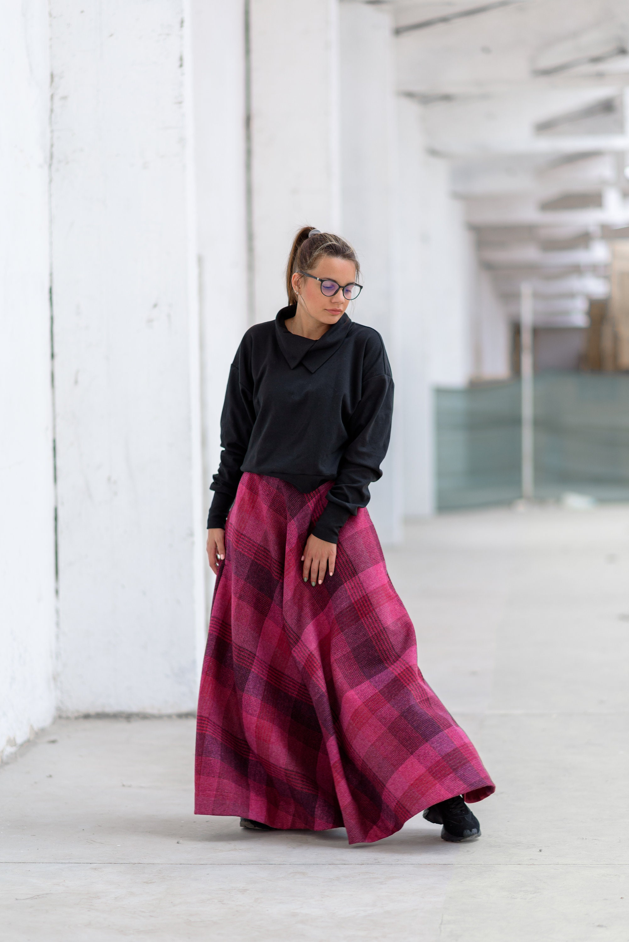 Lange damesrok, winter, warme wollen rok, vintage, elegante rok, casual winterrok, elastische taille, A-lijn, midirok, hoge taille, plooirok, S-3XL, wijnrood 2026, 3XL