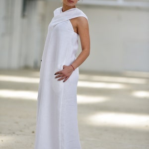 White Linen Dress, White Maxi Dress, Plus Size Linen Clothing, Summer Halter Dress, Boho Plus Size Dress, Wedding Guest Dress For Women image 3