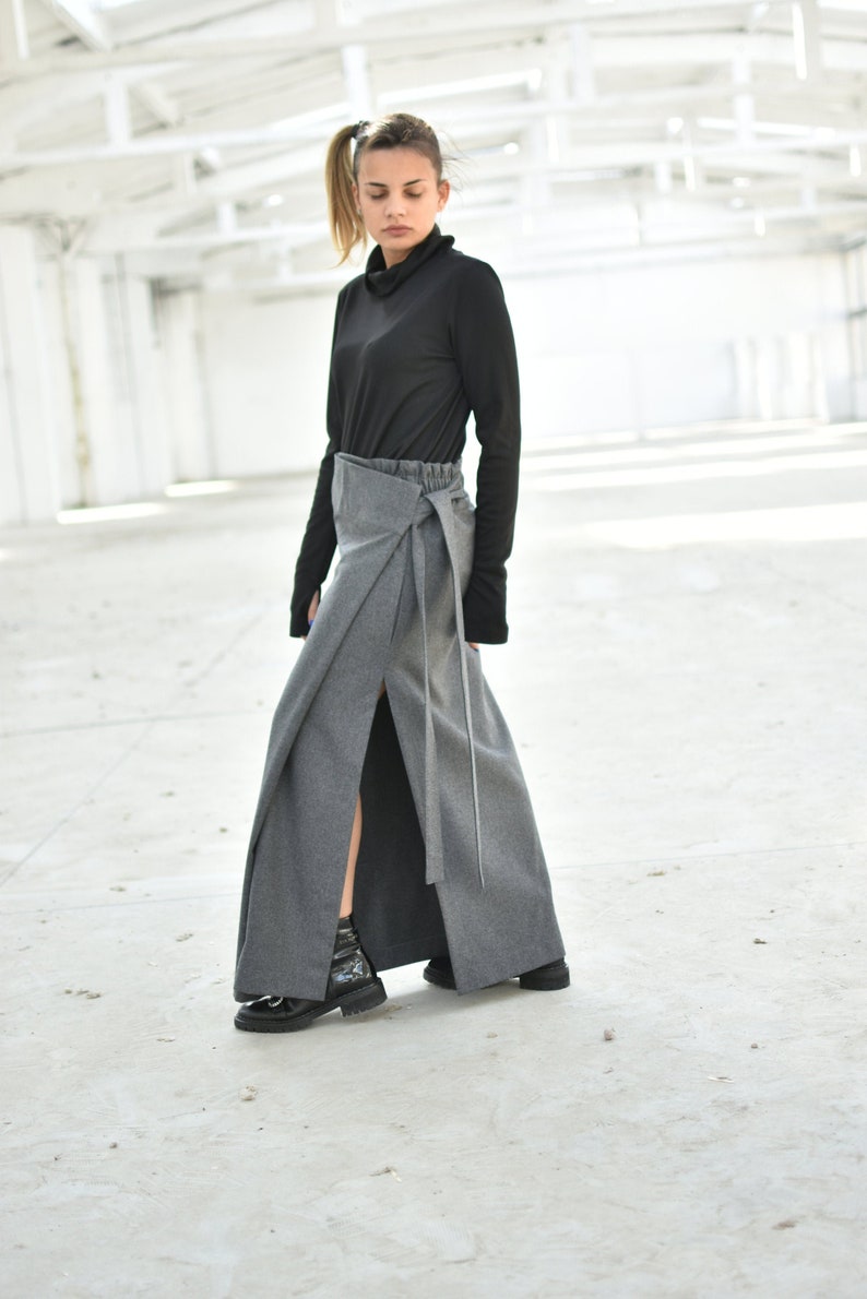 Split Skirt Wool Clothing Women Wool Skirt Loose Skirt Plus Size Cashmere Skirt Wrap Skirt Long Skirt Gray Wool Skirt Maxi Skirt