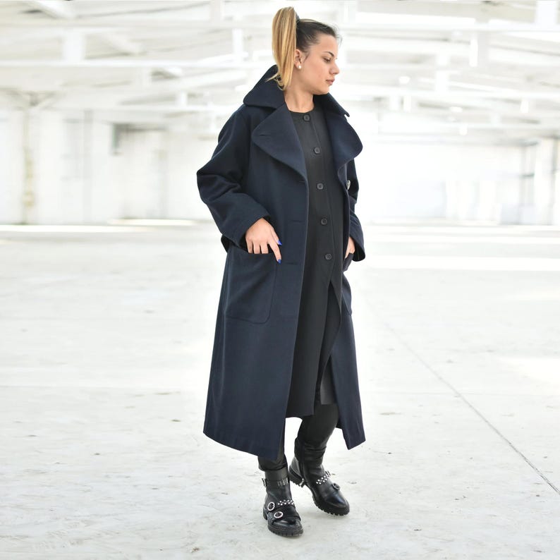 Navy Blue Coat, Light Wool Coat, Dark Blue Long Coat, Women Trench Coat, Wool Trench Coat, Lapel Coat, Loose Coat, Extravagant Coat image 2