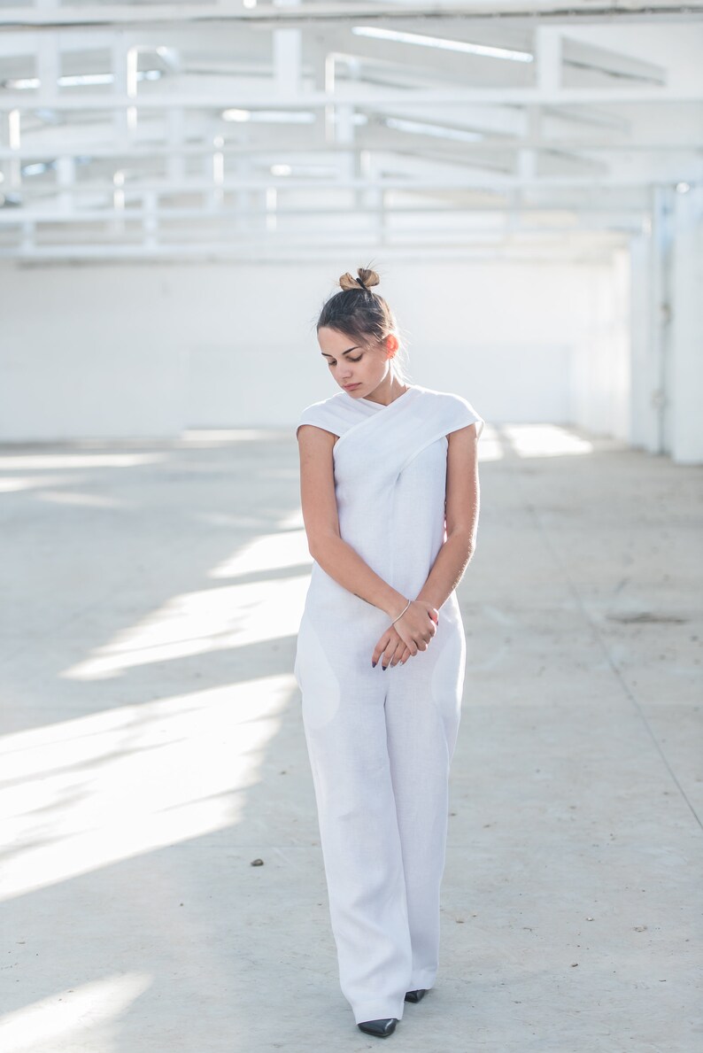 White Linen Jumpsuit Open Back Jumpsuit Linen Overall Etsy