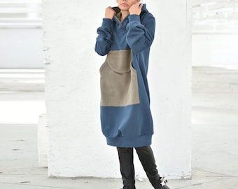 Blue Oversize Hooded Sweatshirt Dress with Pockets, Casual Urban Streetwear Hoodie Dress, Extravagant Baggy Loose Dress, Sizes XS-4XL