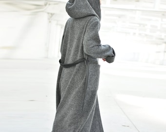 Hooded Maxi Wool Cardigan Coat, Winter Long Gray Knit Overcoat, Plus Size Oversized Jacket