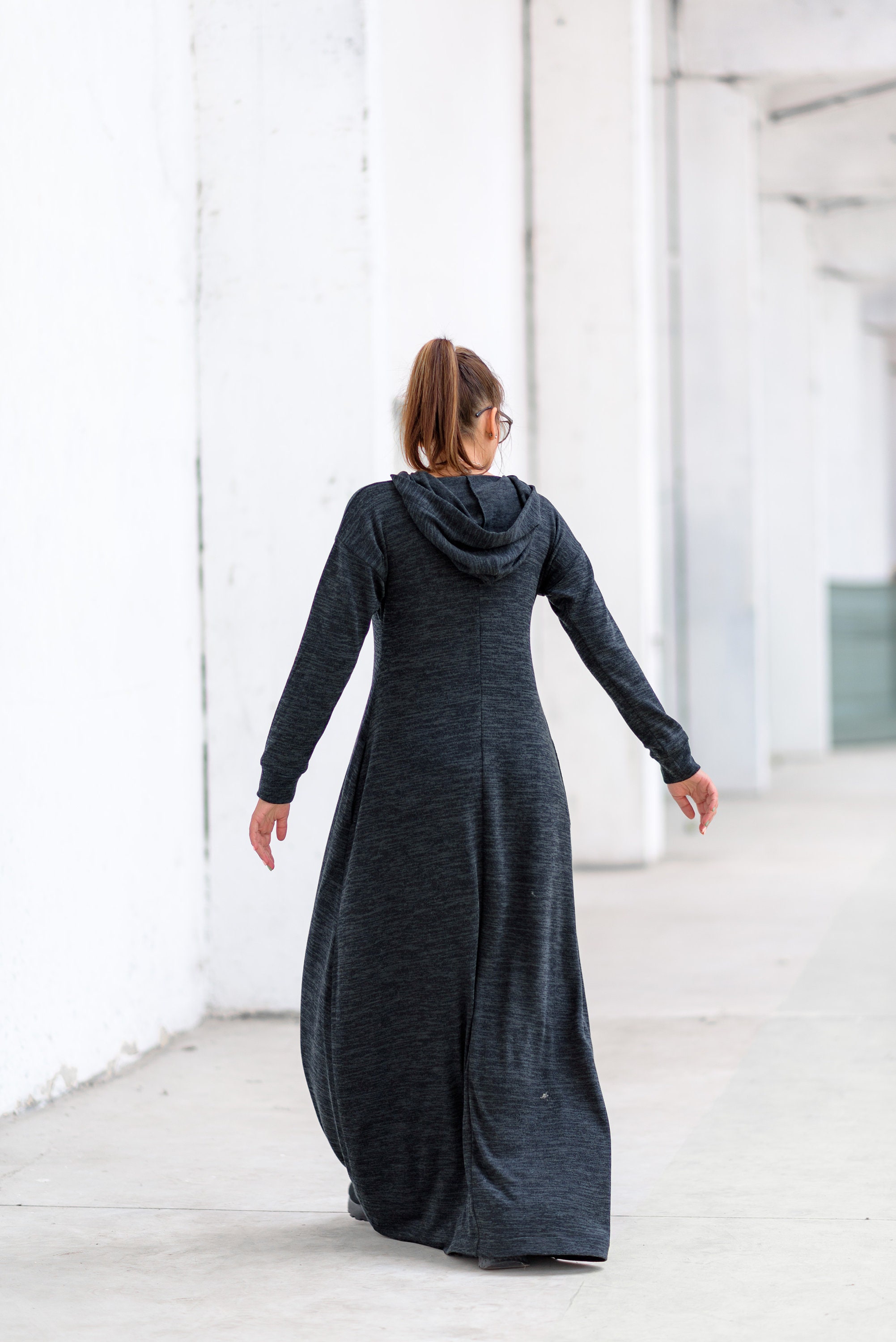 Hooded Wool Winter Dress, Loose Maxi Sweater Dress, Warm Comfy Dress, Dark Blue Plus Size Dress, Long Flare Dress Women