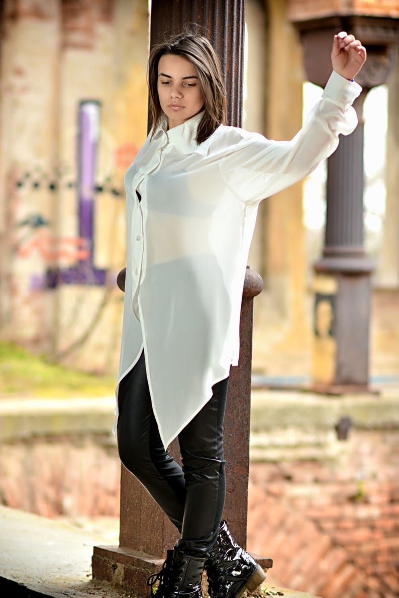 White Shirt See Through Top Asymmetric Tunic Collar Blouse Etsy