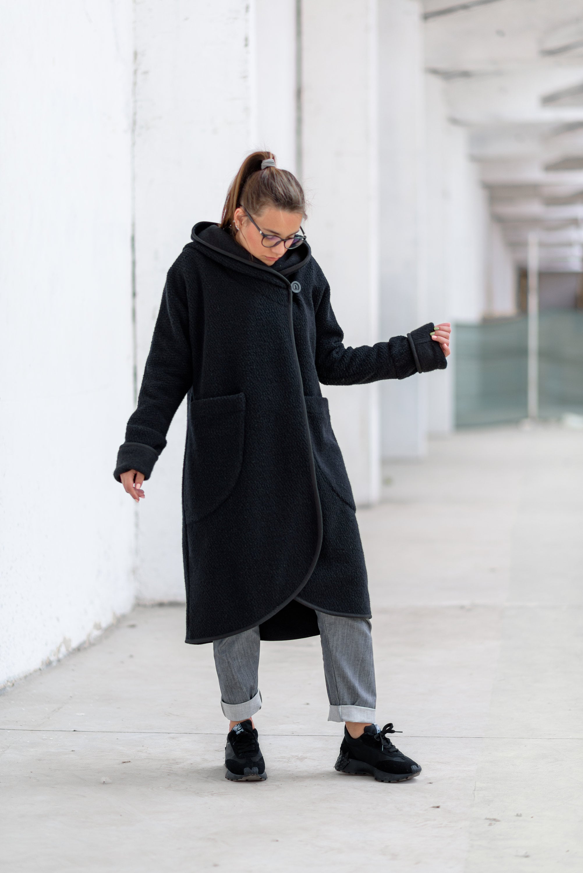 Wool Hooded Midi Coat, Winter Cardigan Coat, Black Mohair Cardigan