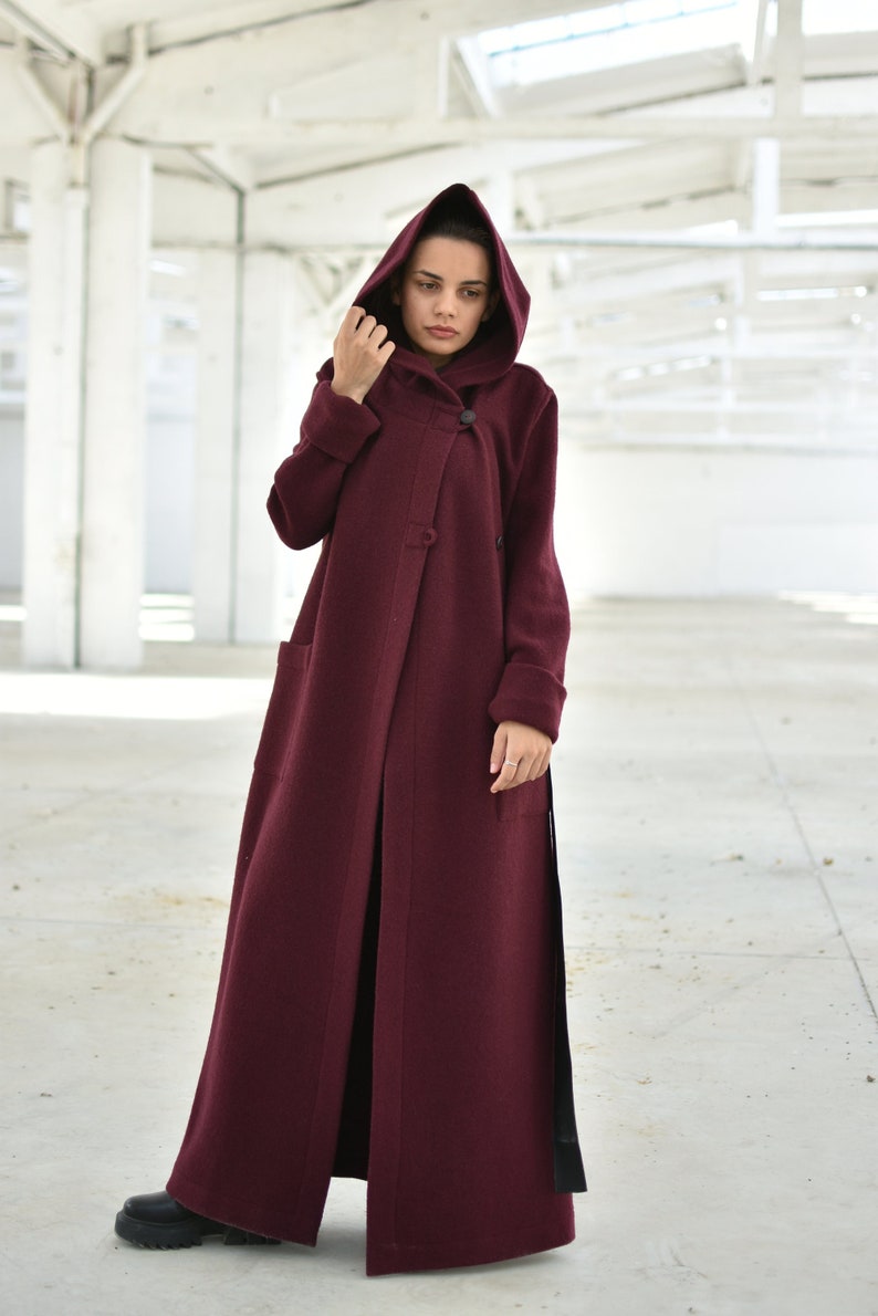 Hooded Maxi Cardigan Coat, Burgundy Merino Wool Cardigan, Extra Long Winter Cardigan Coat, Plus Size Clothing, Wine Red Belted Coat image 3