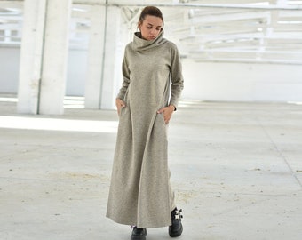 Wool Sweater Dress, Winter Maxi Dress, Long Turtleneck Slit Dress, Plus Size Clothing, Warm Loose Dress, Quiet Luxury Long Sleeve Dress