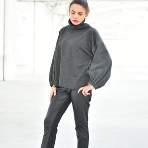 Grey Turtleneck Wool Sweater, Wide Sleeves Sweater, Leopard Print Pullover, Winter Knit Blouse, Women Warm Sweater, Long Sleeves Top image 5