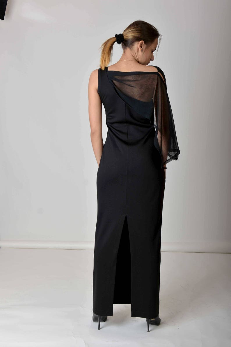 Elegant Evening Maxi Slit Dress, Black Long Dress, Plus Size Dress, Formal One Shoulder Dress, Tulle Cocktail Dress, Wedding Guest Dress image 5