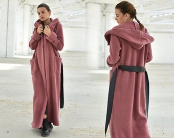 Dusty Rose Cardigan, Wool Winter Coat, Hooded Women Cardigan, Mauve Extra Long Coatigan, Plus Size Clothing, Maxi Warm Overcoat