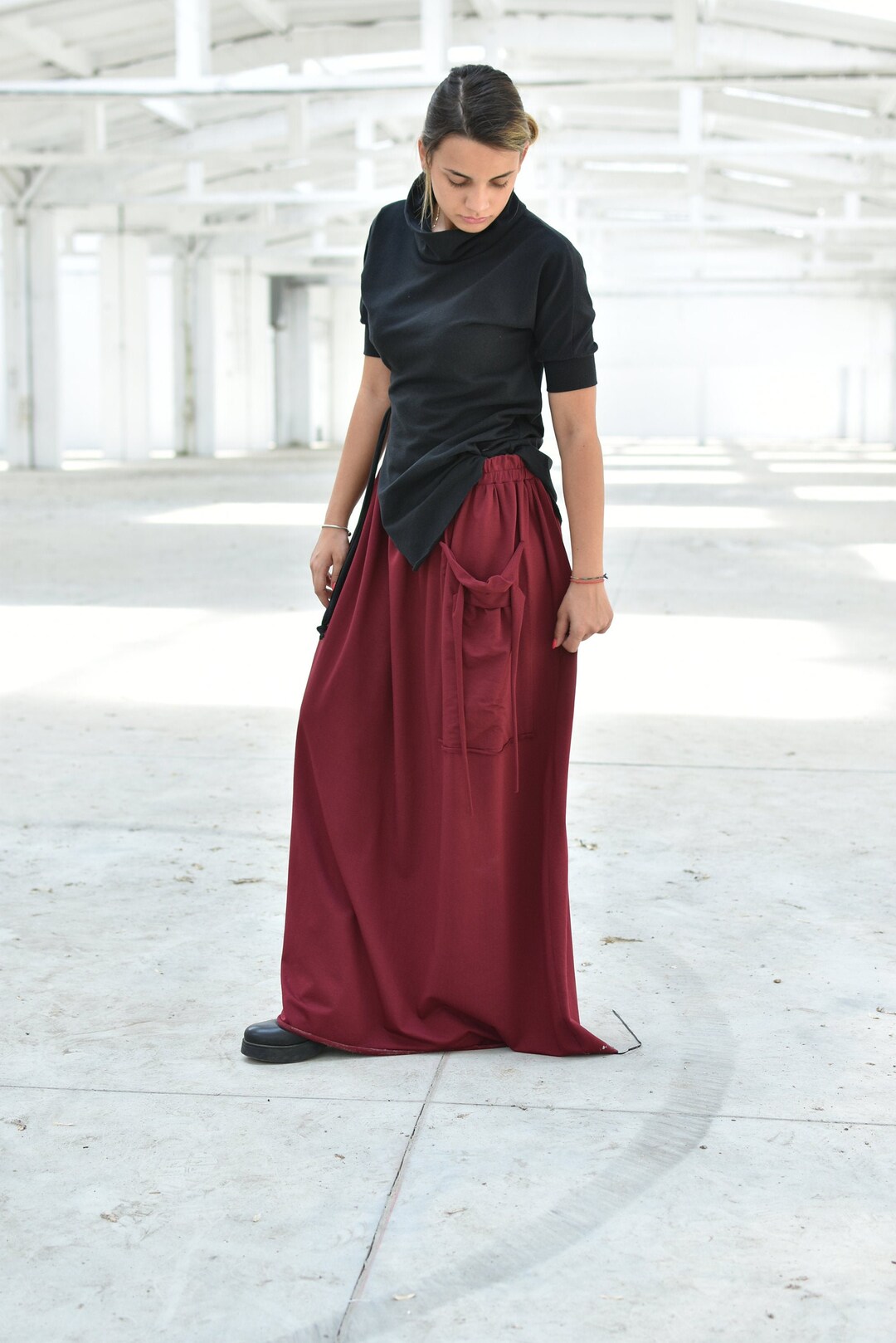 Burgundy Maxi Skirt, Loose Comfy Autumn Skirt, High Waisted Skirt