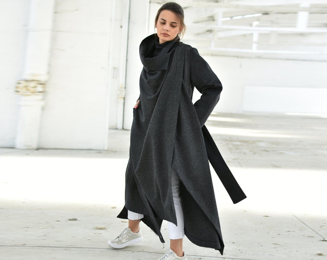 Black Wool Coat Futuristic Maxi Coat Cybergoth Trendy Cowl | Etsy