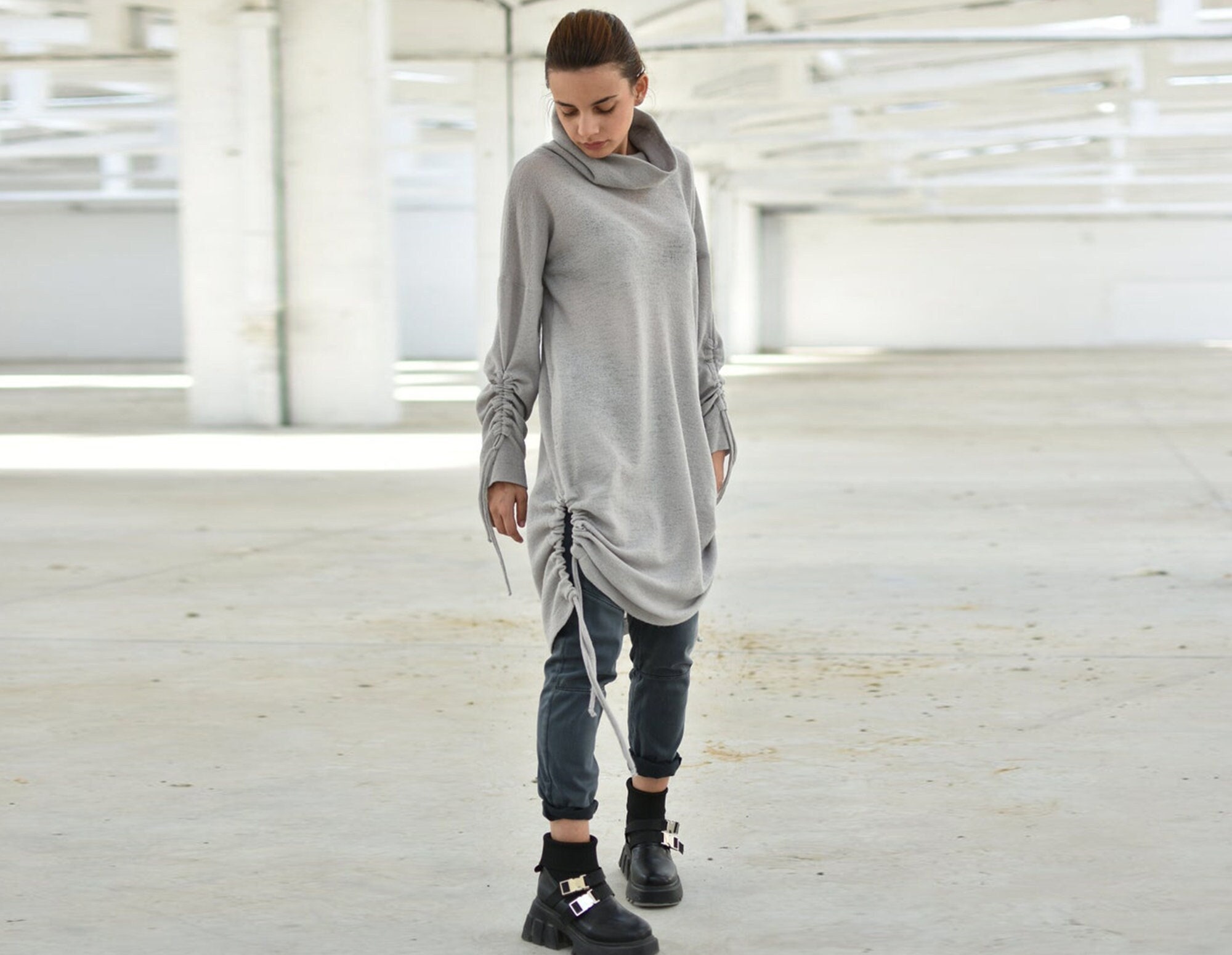 Gray Cashmere Tunic Top With Ties Wool 
