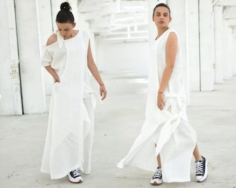 Avant Garde White Linen Dress, Sleeveless Maxi Summer Dress, Drop Shoulder Dress, Futuristic Dress, Plus Size Dress, Oversized Dress